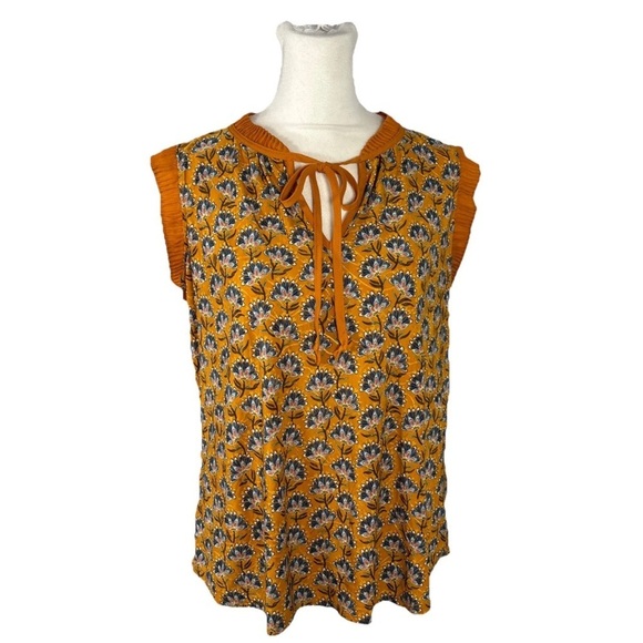 Chenault Tops - Chenault Floral Sleeveless Blouse With Tie Neckline Petite Small